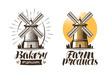 Ancient windmill, mill logo or label. Agriculture, farming, agribusiness icon. Vintage vector illustration