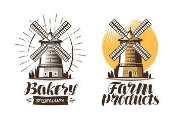 ancient windmill, mill logo or label. agriculture, farming, agribusiness icon. vintage vector illust