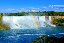 View Of The American Side Of Niagara Falls With Beautiful Rainbow