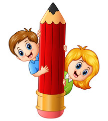 Wall Mural - Cartoon kids holding pencil