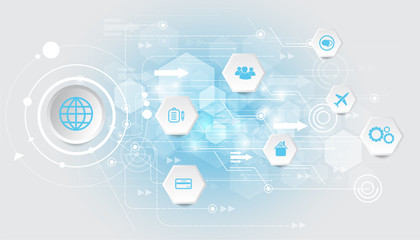 Wall Mural - Abstract technology circuit diagram vector background with business icons.