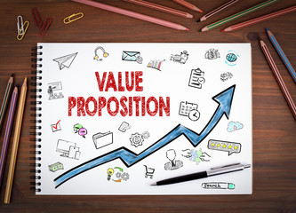 Wall Mural - Value Proposition, Business Concept. Notebooks, pen and colored pencils on a wooden table