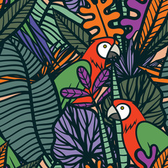 Wall Mural - Colorful tropical pattern with exotic plants and parrots. Seamless vector tropical pattern with leaves and birds