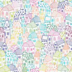  Seamless Pattern with artistically Colored houses. Street background in vector. Doodle style.
