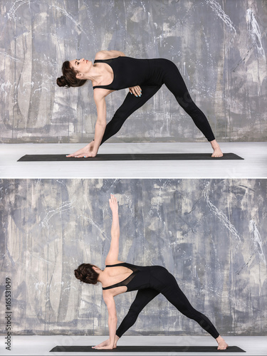 Collage Of Young Woman Doing Different Yoga Poses On Grunge Wall Background Buy This Stock Photo And Explore Similar Images At Adobe Stock Adobe Stock