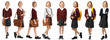 Collage of girl in different school uniforms on white background