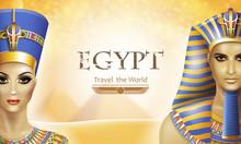 Background With Queen Nefertiti And Pharaoh Tutankhamen.