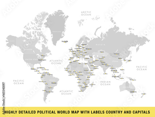 Highly detailed political world map with capitals Poster Mural XXL