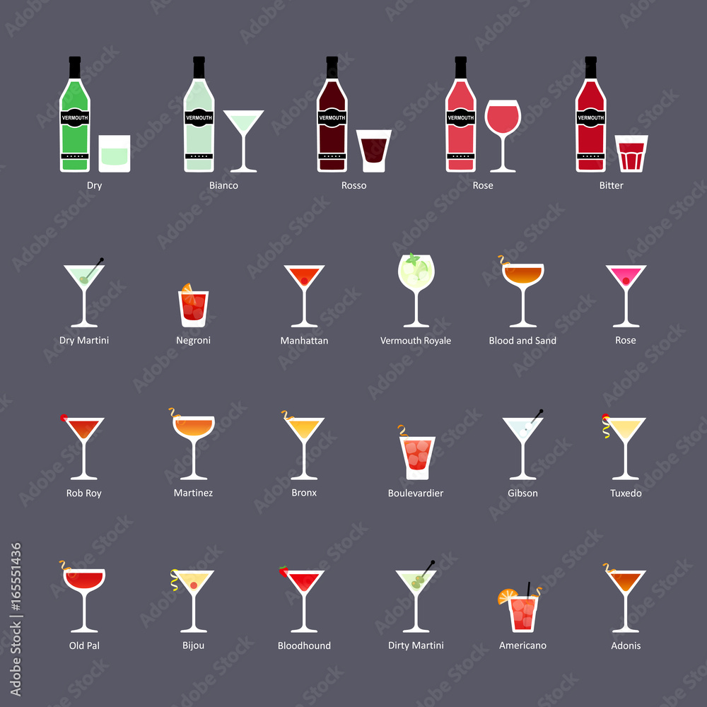 Types of vermouth and cocktails with vermouth, set of flat icons - obrazy, fototapety, plakaty 