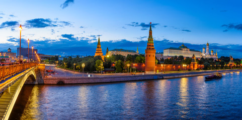 Wall Mural - Moscow Kremlin, Kremlin Embankment and Moscow River at night in Moscow, Russia. Architecture and landmark of Moscow