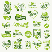 Organic Food, Farm Fresh And Natural Product Stickers And Badges Collection For Food Market, Ecommerce, Organic Products Promotion, Healthy Life And Premium Quality Food And Drink.