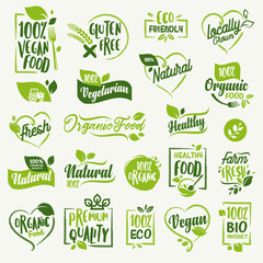 organic food, farm fresh and natural product stickers and badges collection for food market, ecommer