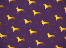 Horizontal Card. Pattern With Yellow Gold Dogs. Breed Dachshund.