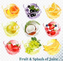 Set of fruit juice splash . Peach, orange, pear, grapes, banana, coconut, blueberry, strawberry, raspberry and blackberry. Vector