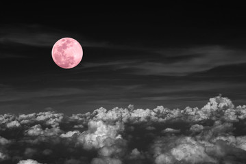 pink full moon and cloud in the dark sky at night , color effect