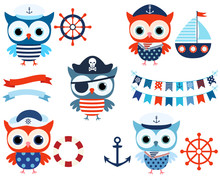 Vector Nautical Set With Cute Sailor And Pirate Owls With Ocean Themed Objects And Buntings