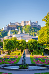 Wall Mural - Beautiful view of Fortress Hohensalzburg from famous Mirabell Garden in Salzburg, Austria