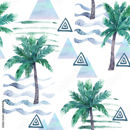Watercolor seamless pattern. Palm tree, geometric elements and stripe lines. ...