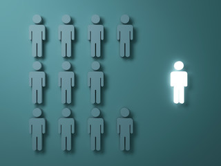 Wall Mural - Stand out from the crowd and different creative idea concepts , One light man standing alone separate from group of grey people on dark green background , leadership concept . 3D rendering.