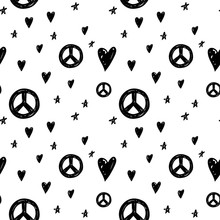 Vector seamless cartoon pattern with peace sign, hearts and stars. Hand drawn black and white hippie pattern for paper, textile, handmade decoration, scrap-booking, polygraphy, clothes, cards.