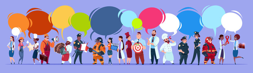 Wall Mural - People Group With Chat Bubbles Different Occupation Set, Employees Mix Race Workers Banner Flat Vector Illustration