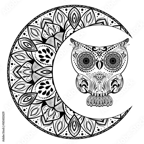 Download An owl sitting on the half moon with mandala ornament. Illustration silhouette owl sitting with ...
