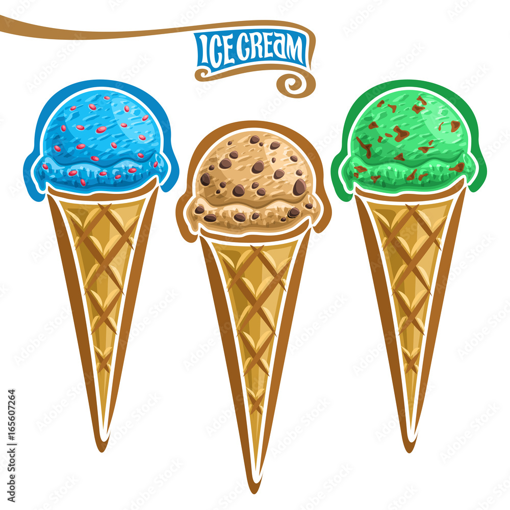 Vector set of Ice Cream in Waffle Cone: 3 wafer cones vivid colors ice ...