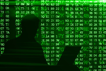 Wall Mural - conceptual image of a hacker on matrix background of falling green computer code digits 3d illustrat