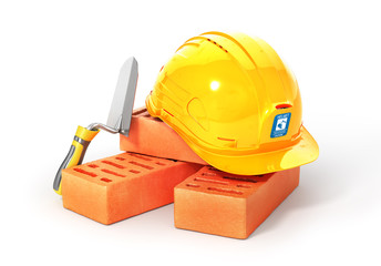 Wall Mural - Construction set. Bricks with trowel and helmet. 3d illustration