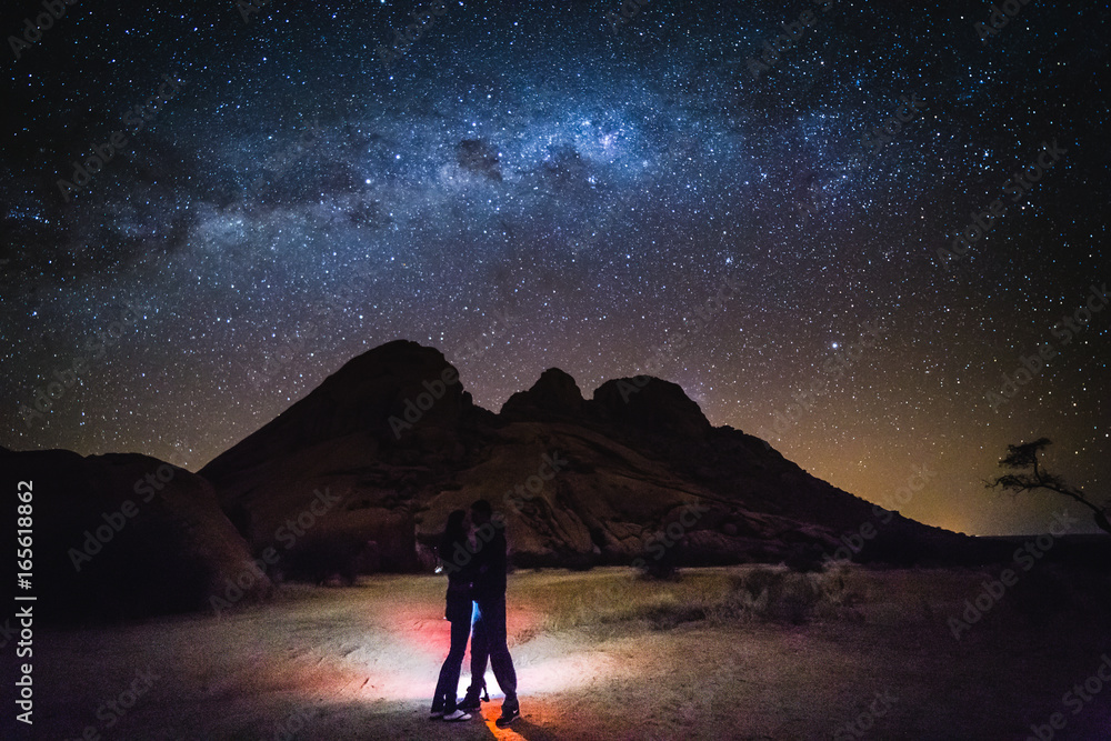 Landscape with Milky Way. Night sky with stars and silhouette of a ...