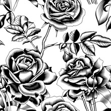 Beautiful Vintage Seamless Pattern With Roses. Black And White Retro Illustration. Bohemian, Tattoo Art, Ethno, Dark Romance. Perfect Design For Textile. Vector.