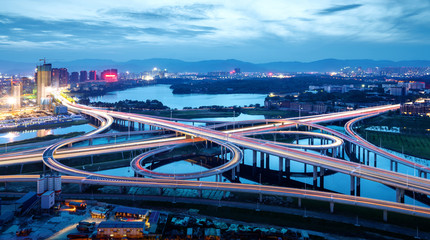 Modern urban viaduct at night