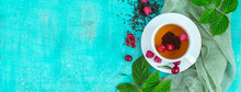 Freshly Brewed Tea With Summer Ripe Berries. Top View, Banner Format