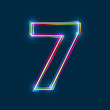 Number 7 - Vector multicolored outline font with glowing effect isolated on blue background. EPS10