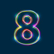 Number 8 - Vector multicolored outline font with glowing effect isolated on blue background. EPS10