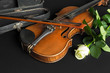 © fotofabrika - Violin and rose on black background.