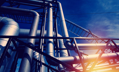 Wall Mural - Industrial zone, Steel pipelines and valves against blue sky