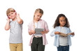 © LIGHTFIELD STUDIOS - adorable multiethnic kids listening music in headphones, using digital tablet and reading book isolated on white