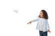 © LIGHTFIELD STUDIOS - cute smiling african american girl throwing paper plane isolated on white