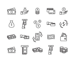 Wall Mural - Simple Set of Money Related Vector Line Icons. Contains such Icons as Wallet, ATM, Bundle of Money, Hand with a Coin, Exchange, Money transfer and more.