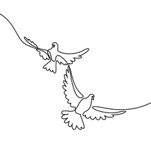 Continuous One Line Drawing. Flying Two Pigeons Logo. Black And White Vector Illustration. Concept For Logo, Card, Banner, Poster, Flyer