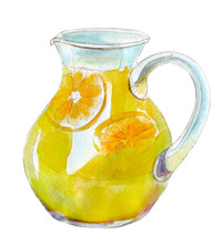 Watercolor Jug Of Lemonade Isolated On White Background, Hand Drawn Illustration.