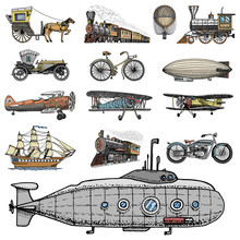 Submarine, Boat And Car, Motorbike, Horse-drawn Carriage. Airship Or Dirigible, Air Balloon, Airplanes Corncob, Locomotive. Engraved Hand Drawn In Old Sketch Style, Vintage Passengers Transport.