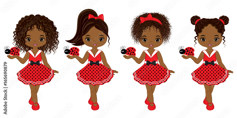 Vector Cute Little African American Girls with Various Hair Colors - obrazy, fototapety, plakaty 