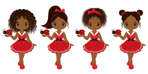 Wall Mural - Vector Cute Little African American Girls with Various Hair Colors