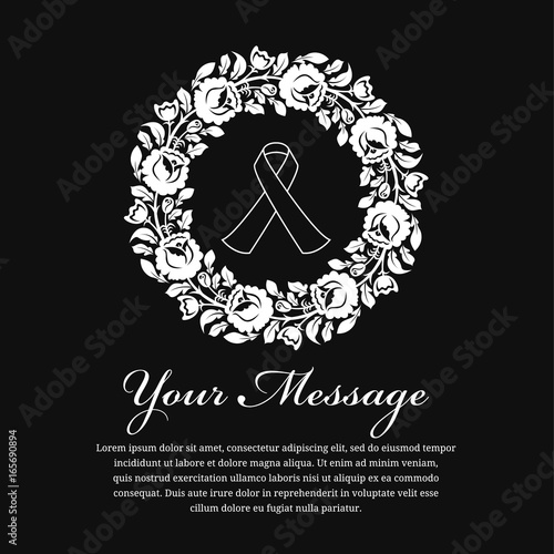 Funeral Card White Ribbon Line Sign In Circle Wreath Rose Vector
