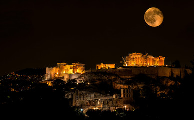 Fototapete - parthenon athens greece by night and full moon