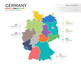  Germany country map infographic colored vector template with regions and pointer marks