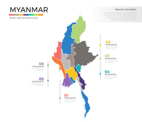 Myanmar country map infographic colored vector template with regions and pointer marks