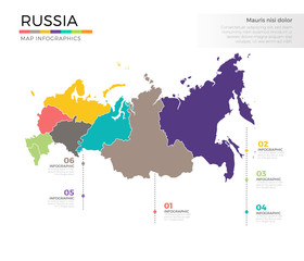  Russia country map infographic colored vector template with regions and pointer marks